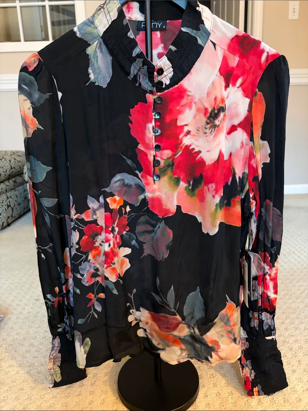 APNY Black Floral Button-Front Blouse